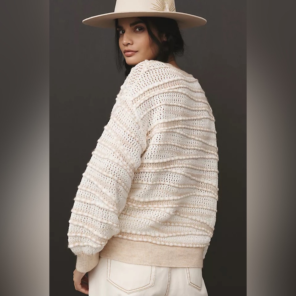 By Anthropologie Open-Stitch Checkered Knit Sweater in Cream and Ivory, Small